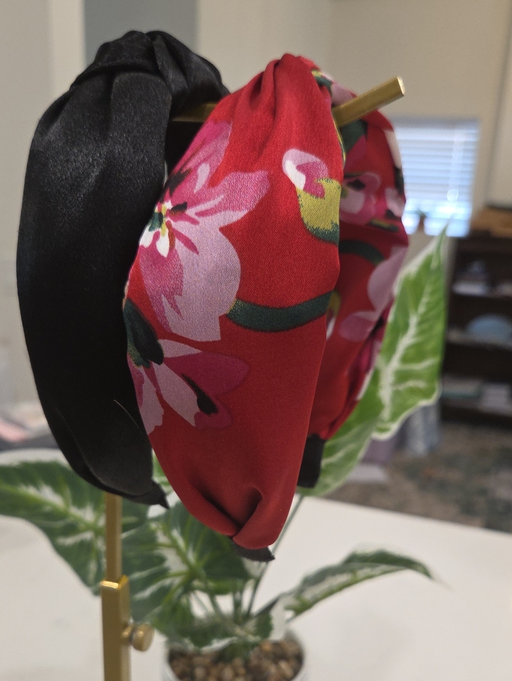 Floral Red Twisted Headband with Black Satin Accent